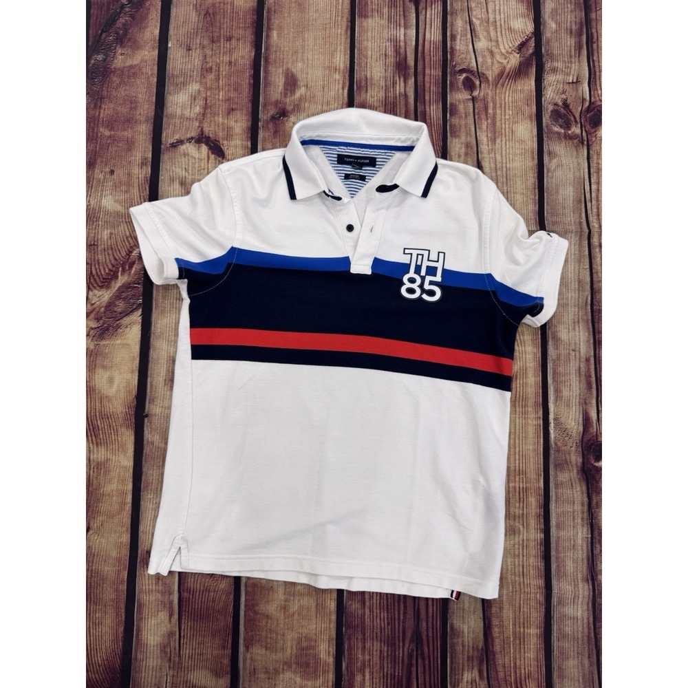 Tommy Hilfiger Men's M TH 85 White Striped Golf Polo Shirt Short Sleeve Button